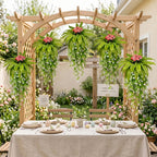 Artificial Hanging Fern Plant with Pink Flowers and Cascading White Vines Fake Boston Fern Wall Basket Greenery for Home Garden Patio Porch Ceiling Decor