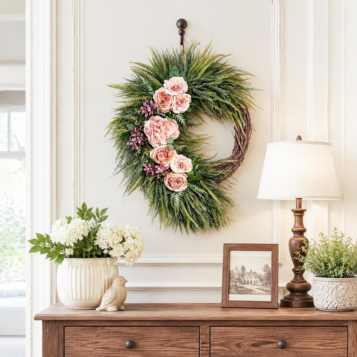 Asymmetric Pink Rose Wreath Front Door Decor Boho Fern Garland Spring Summer Home Wall Hanging Porch Art