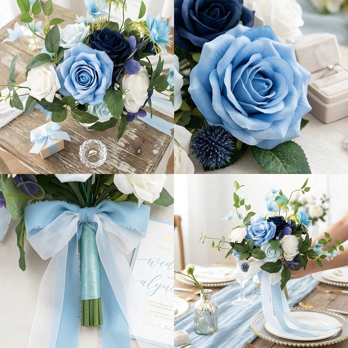 Dusty Blue & White Artificial Bridesmaid Bouquet with Ribbon | Wedding Ceremony Bridal
