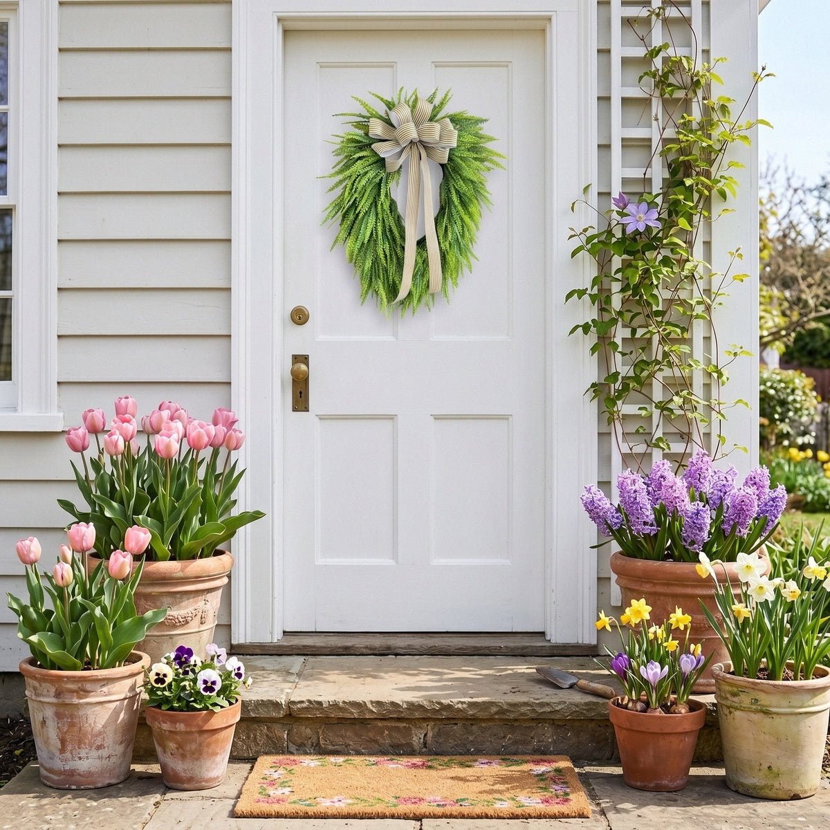 Artificial Fern Wreath with Striped Bow Green Foliage Door Wreath for Front Porch Home Wall Summer Spring Decor