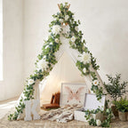 Artificial Flower Garland with White Dahlia Rose and Eucalyptus Leaves Wedding Arch Backdrop Home Wall Hanging Decor