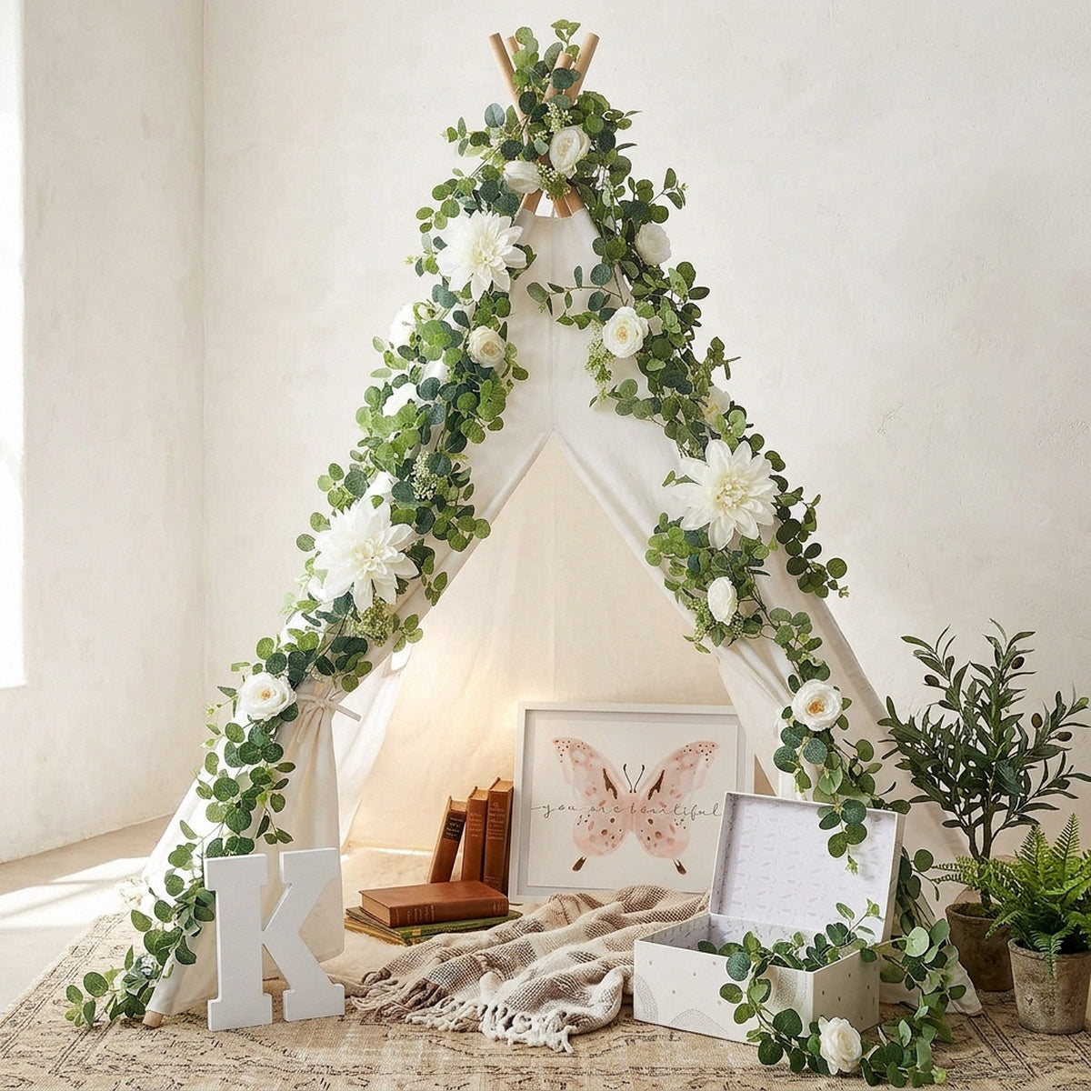 Artificial Flower Garland with White Dahlia Rose and Eucalyptus Leaves Wedding Arch Backdrop Home Wall Hanging Decor