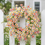 Artificial Daisy Wreath Spring Summer Floral Wreath with Pink and White Flowers for Front Door Wall Home Garden Porch Decoration