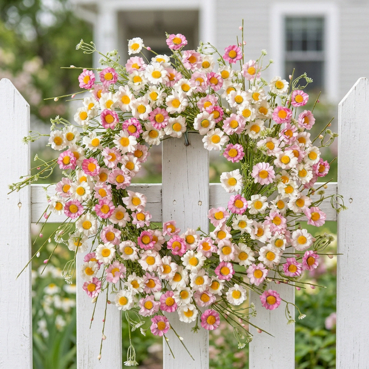 Artificial Daisy Wreath Spring Summer Floral Wreath with Pink and White Flowers for Front Door Wall Home Garden Porch Decoration