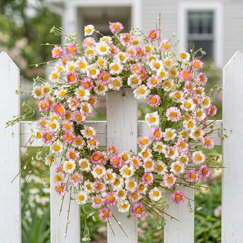 Artificial Daisy Wreath Spring Summer Floral Wreath with Pink and White Flowers for Front Door Wall Home Garden Porch Decoration