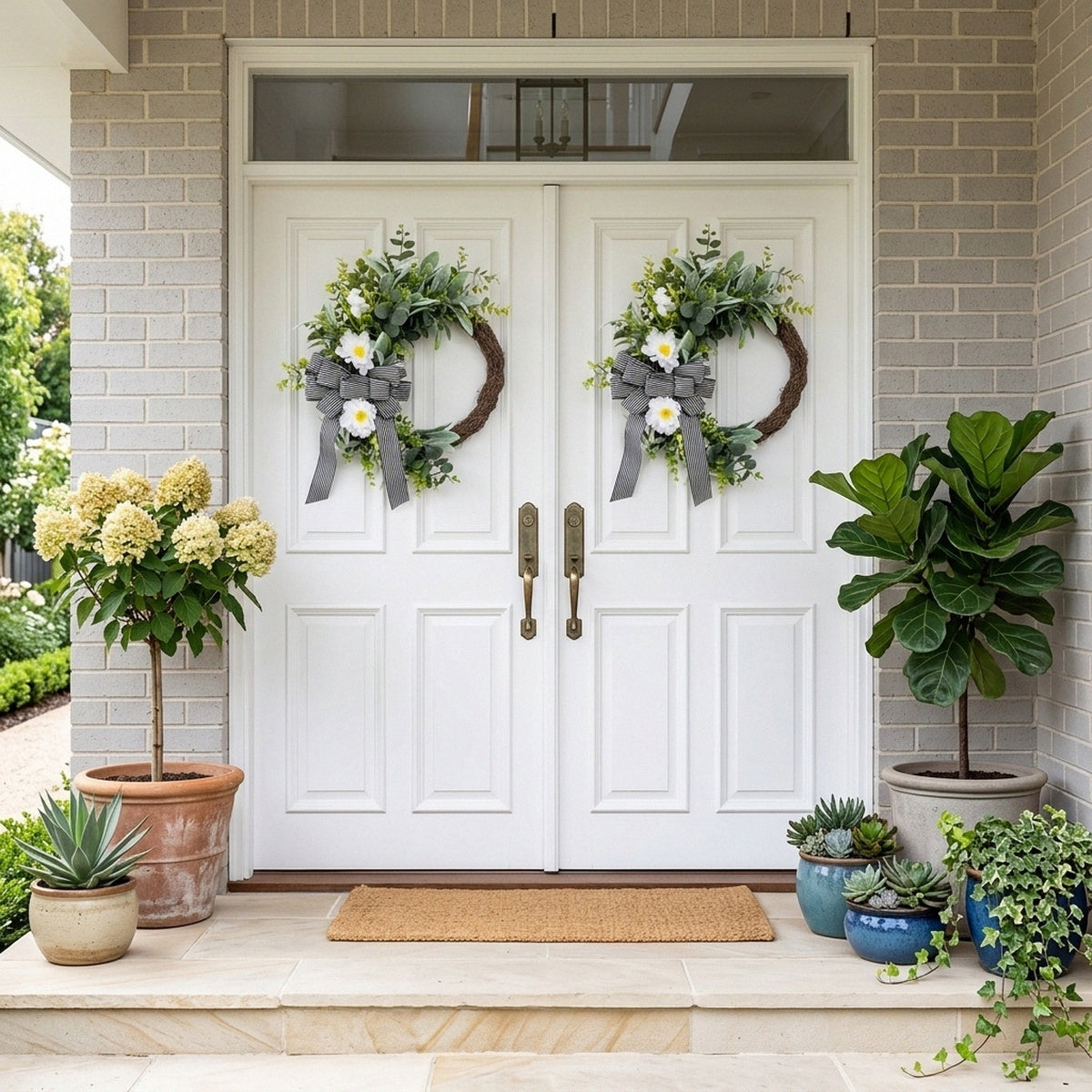 Classic Black and White Striped Bow Wreath Faux Greenery and White Floral Door Hanger Modern Farmhouse Spring Summer Decor for Front Door Wedding and Party Backdrop