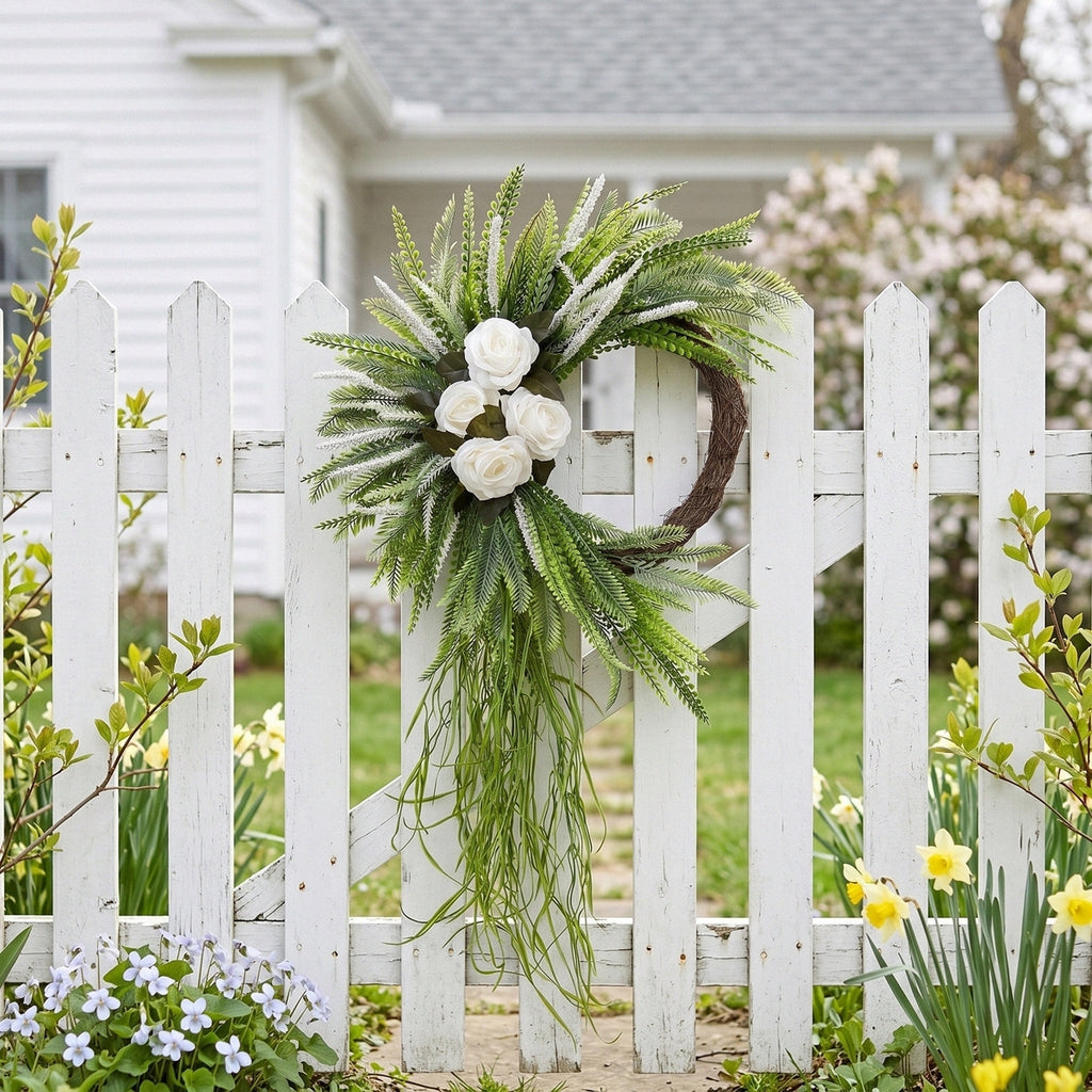 Bohemian Fern Wreath with White Rose Cascading Design Front Door Decor Spring Summer Home Wall Hanging Porch Art