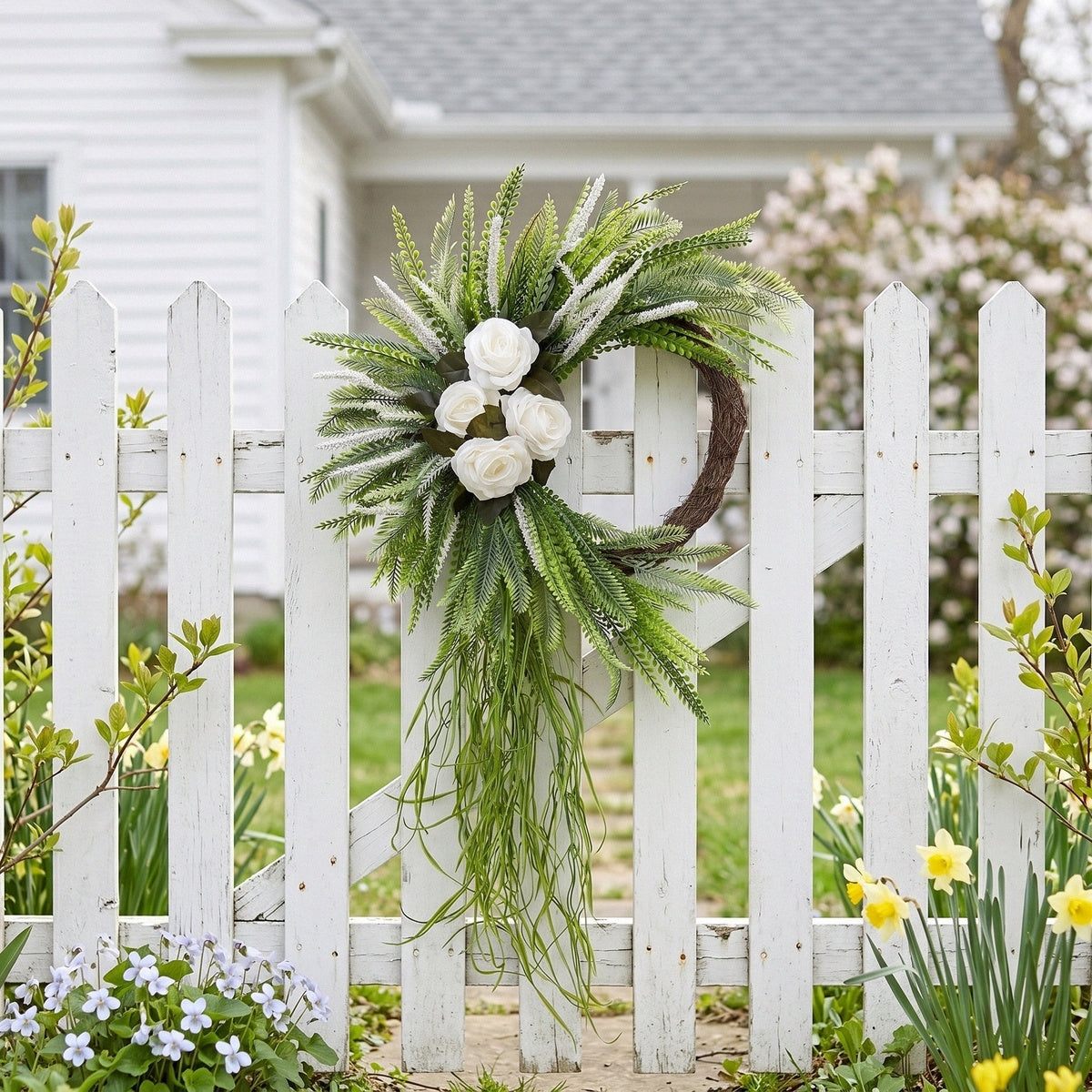 Bohemian Fern Wreath with White Rose Cascading Design Front Door Decor Spring Summer Home Wall Hanging Porch Art