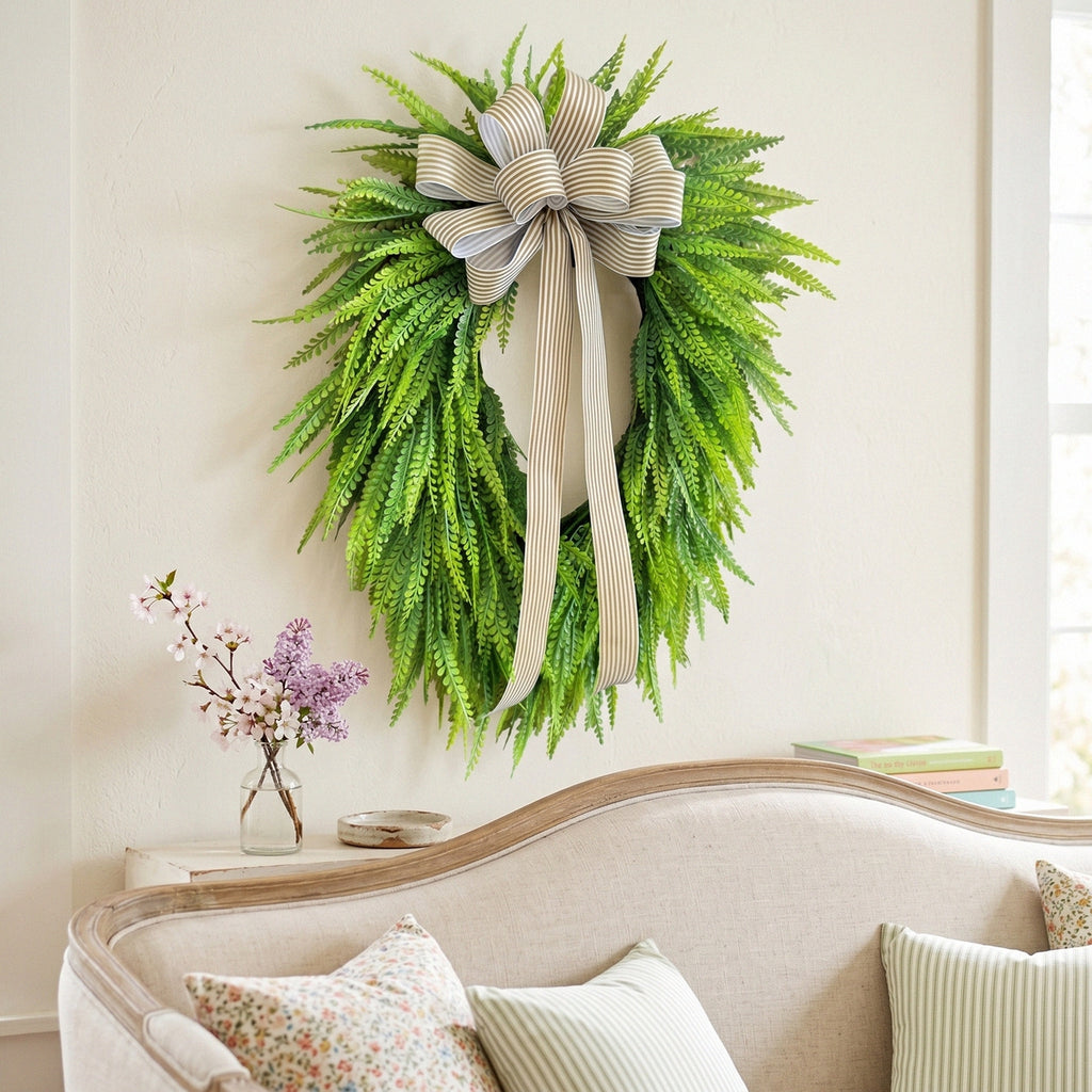 Artificial Fern Wreath with Striped Bow Green Foliage Door Wreath for Front Porch Home Wall Summer Spring Decor