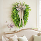 Artificial Fern Wreath with Striped Bow Green Foliage Door Wreath for Front Porch Home Wall Summer Spring Decor
