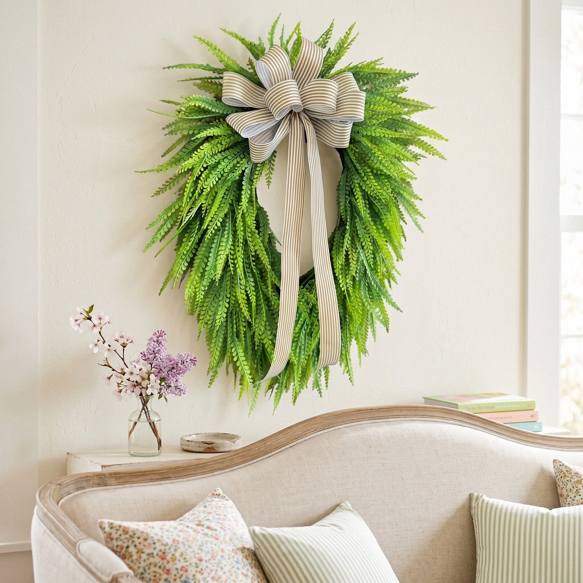 Artificial Fern Wreath with Striped Bow Green Foliage Door Wreath for Front Porch Home Wall Summer Spring Decor