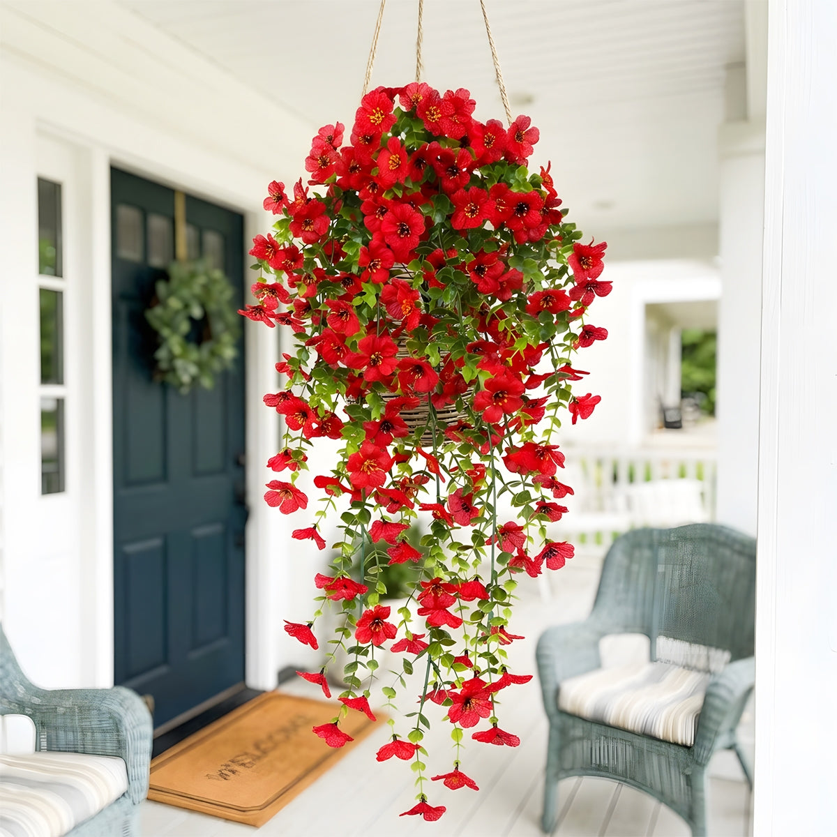 Artificial Hanging Flowers for Outdoors, Morning Glory Artificial Flowers with Eucalyptus Leaves, UV Resistant Fake Flower Realistic Faux Plants for Home Patio Porch Garden
