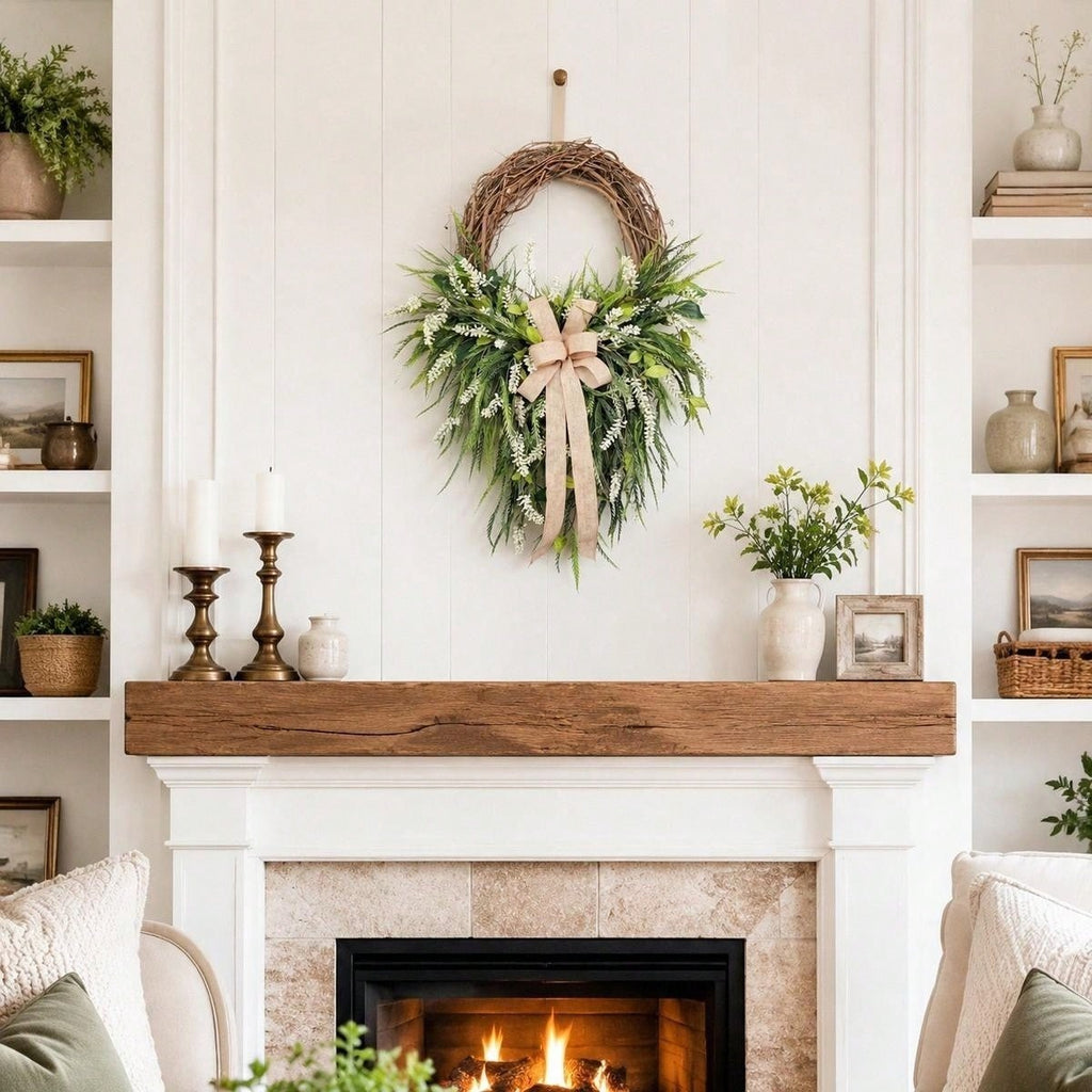 Farmhouse Front Door Wreath with Burlap Bow, Green Foliage & White Flowers for Spring Summer Rustic Home Porch & Wall Decor