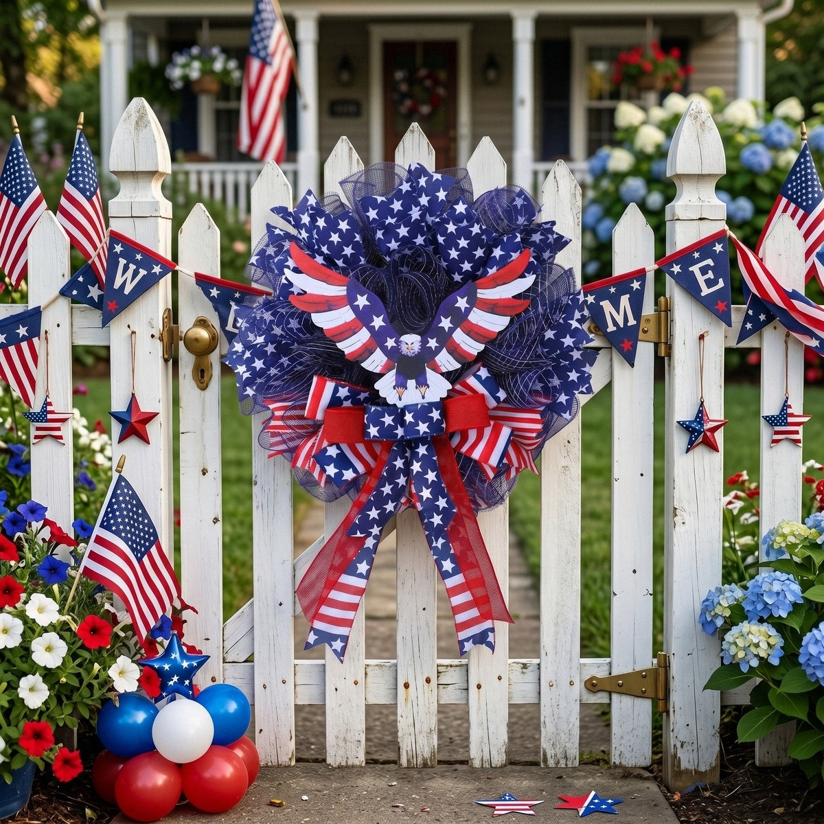 American Patriotic Wreath with Eagle American Flag Mesh Wreath 4th of July Front Door Decor Independence Day Summer Holiday Door Hanging for Home Porch