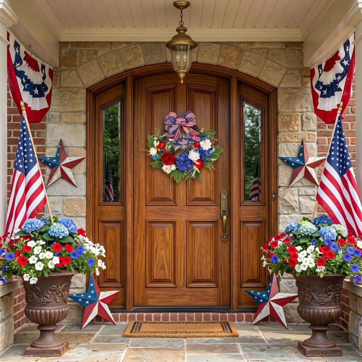 250th Anniversary Patriotic Wreath USA 1776-2026 | Red White Blue Rose & Flag Bow Front Door Decor for 4th of July Memorial Day Home Porch Wall Art