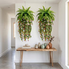 Artificial Hanging Fern Plant with Red and White Flower Vines Fake Boston Fern Wall Basket Greenery for Home Garden Patio Porch Ceiling Decor