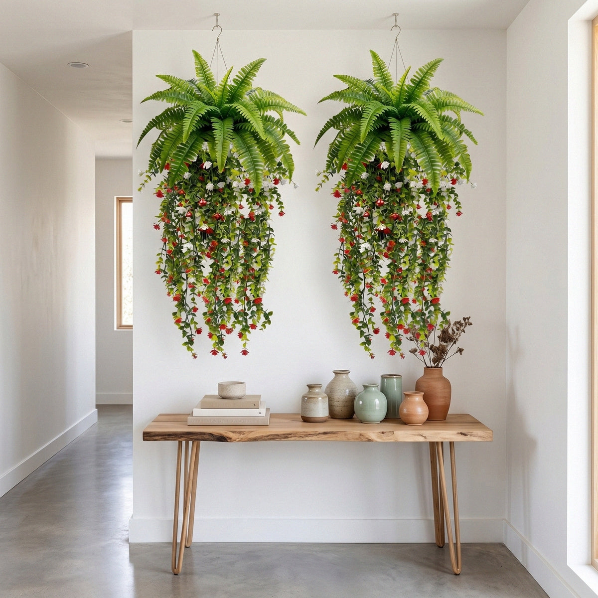 Artificial Hanging Fern Plant with Red and White Flower Vines Fake Boston Fern Wall Basket Greenery for Home Garden Patio Porch Ceiling Decor
