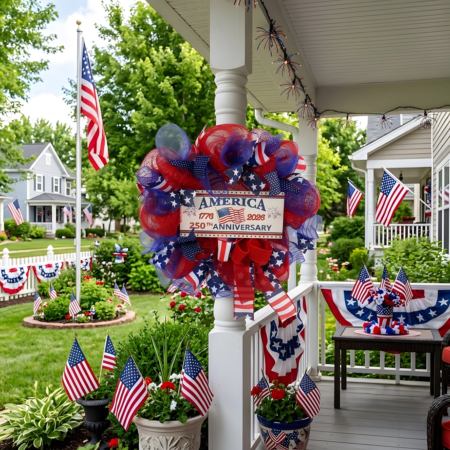4th of july patriotic flag wreath arranged for front door window by IPOPU
