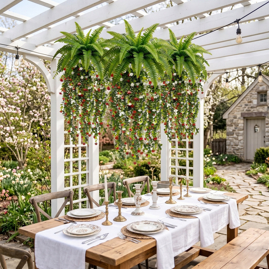 Artificial Hanging Fern Plant with Red and White Flower Vines Fake Boston Fern Wall Basket Greenery for Home Garden Patio Porch Ceiling Decor