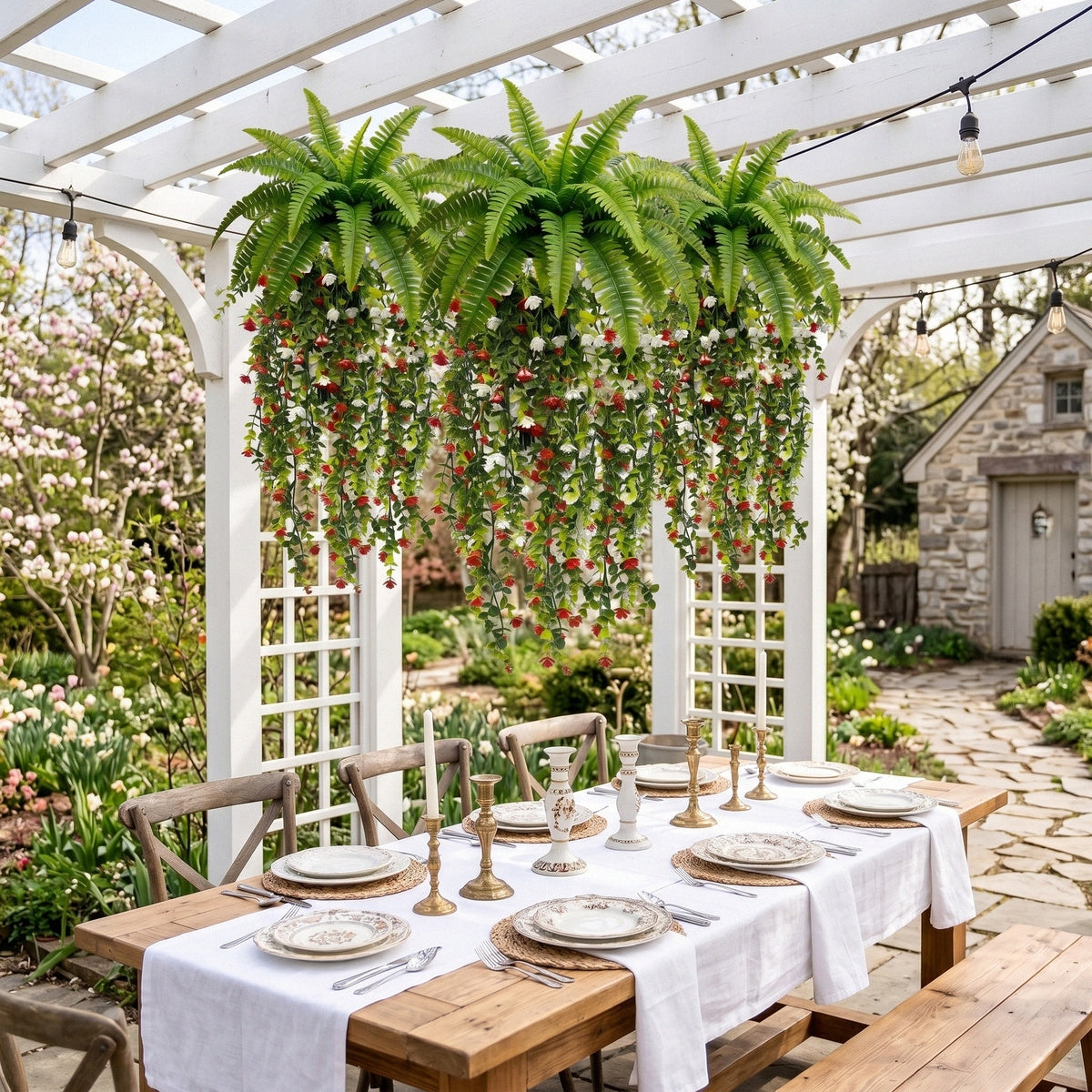 Artificial Hanging Fern Plant with Red and White Flower Vines Fake Boston Fern Wall Basket Greenery for Home Garden Patio Porch Ceiling Decor