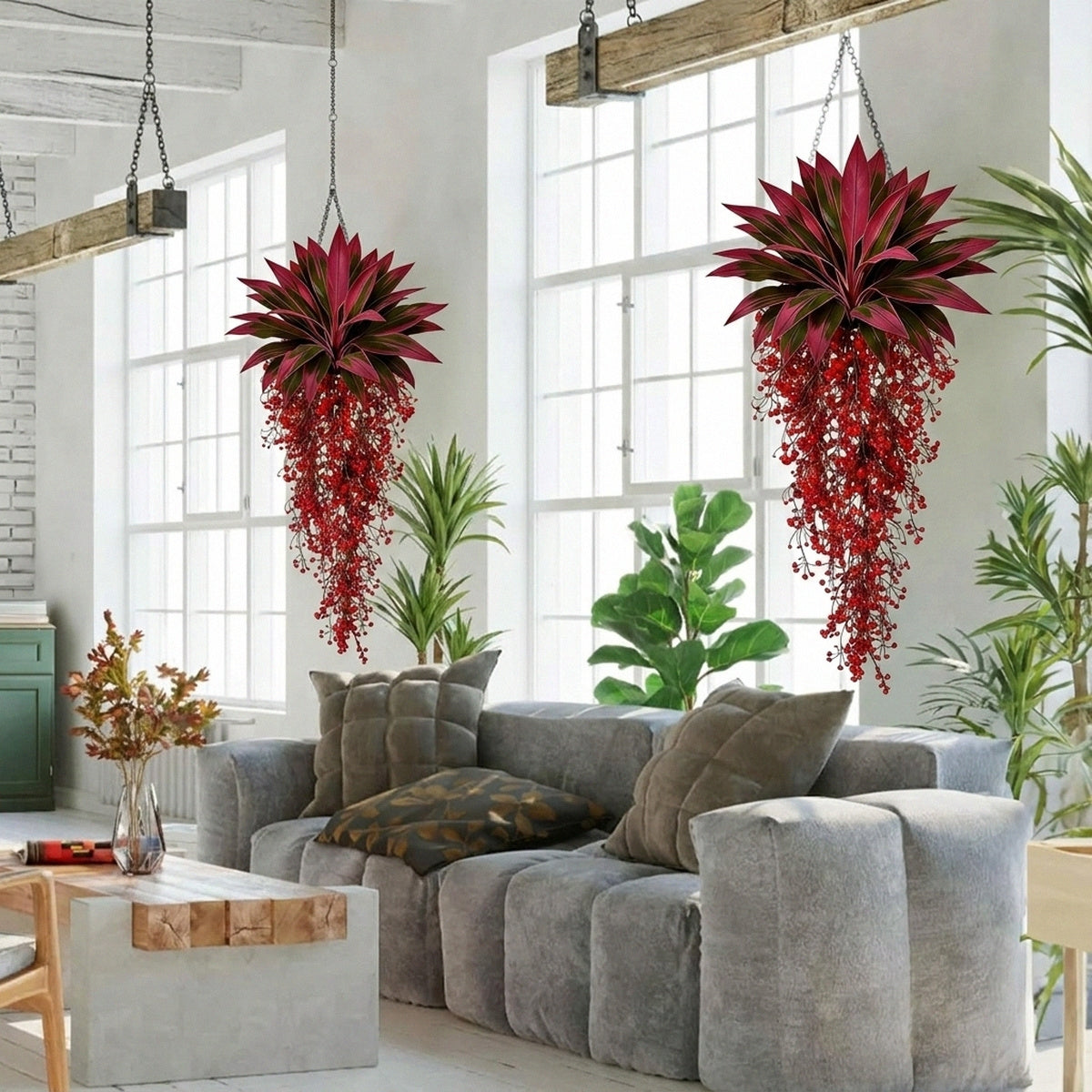 Artificial Red Ti Plant with Cascading Berry Bushes Fake Cordyline Fruticosa Polyester Tropical Leaves for Home Garden Patio Porch Wall Hanging Decor
