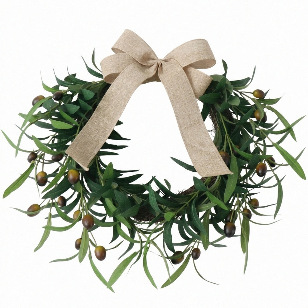 Olive Wreath, 15.7" Artificial Olive Floral Teardrop Faux Green Olive Garland Fake Olive Easter Holiday with Bow Realistic Olive Home Wedding Arch Party Home Wall Garden Decorations