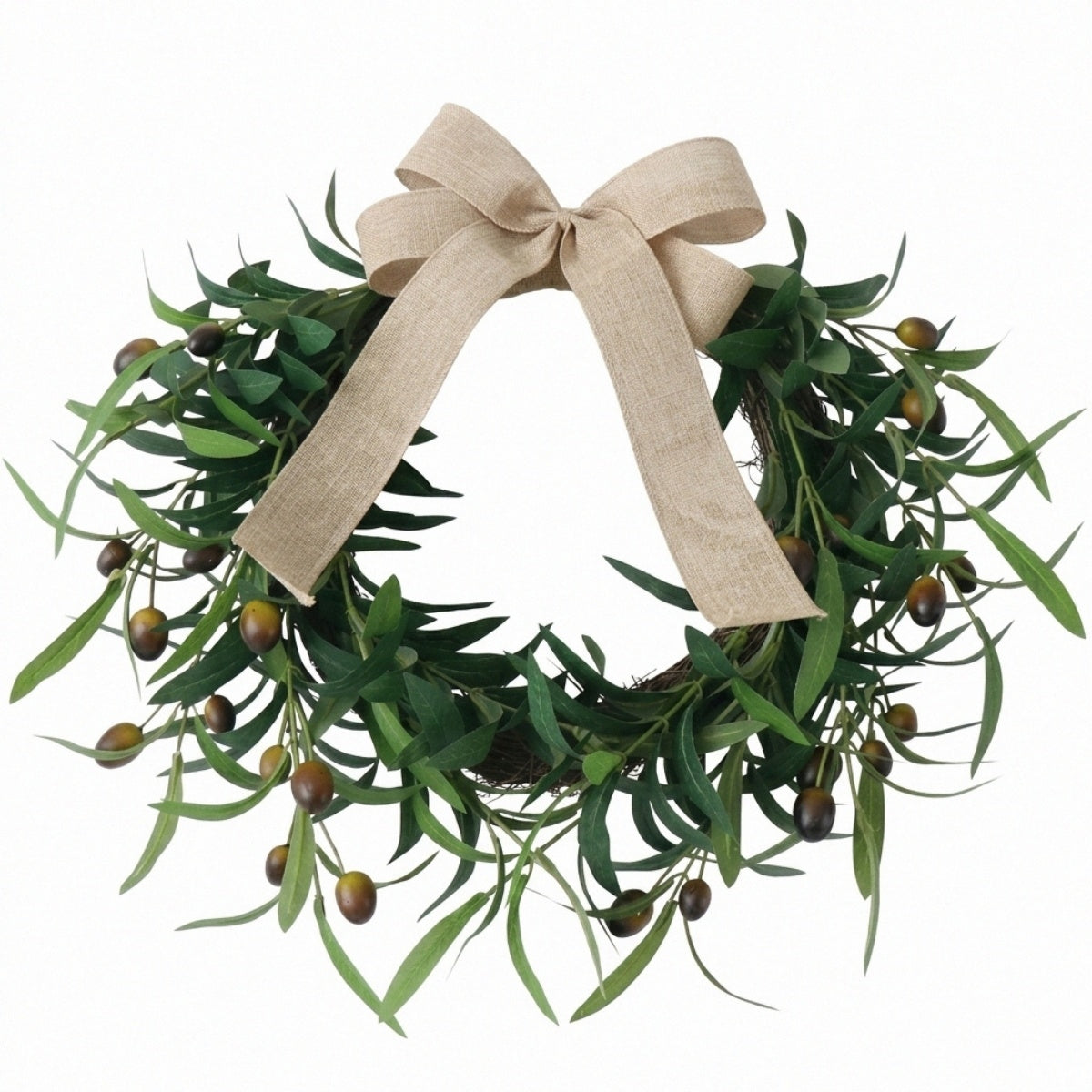 Olive Wreath, 15.7" Artificial Olive Floral Teardrop Faux Green Olive Garland Fake Olive Easter Holiday with Bow Realistic Olive Home Wedding Arch Party Home Wall Garden Decorations