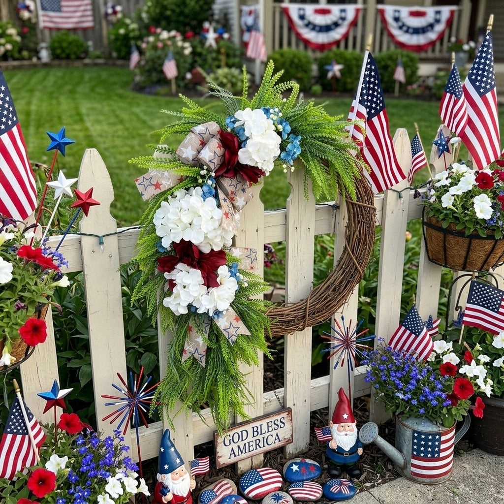 Patriotic Red White and Blue Wreath Fourth of July Front Door Decor Americana Stars Burlap Bow Summer Floral Wreath for Home Wall Party