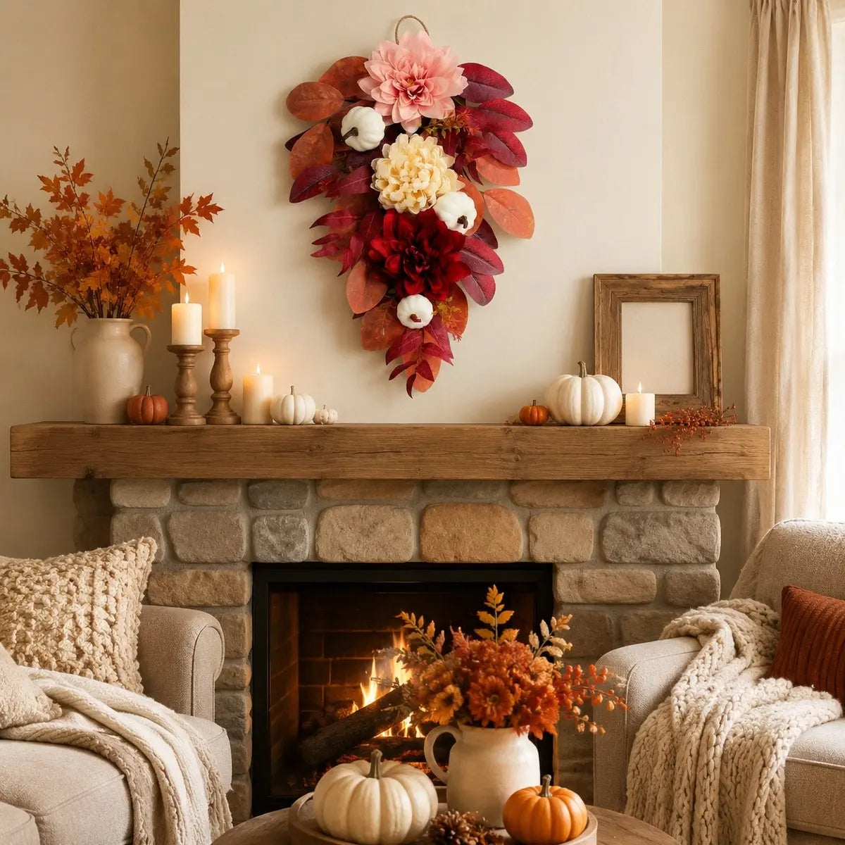 Pink and burgundy harvest teardrop swag with white pumpkins and eucalyptus styled above a fireplace mantel for Thanksgiving decor
