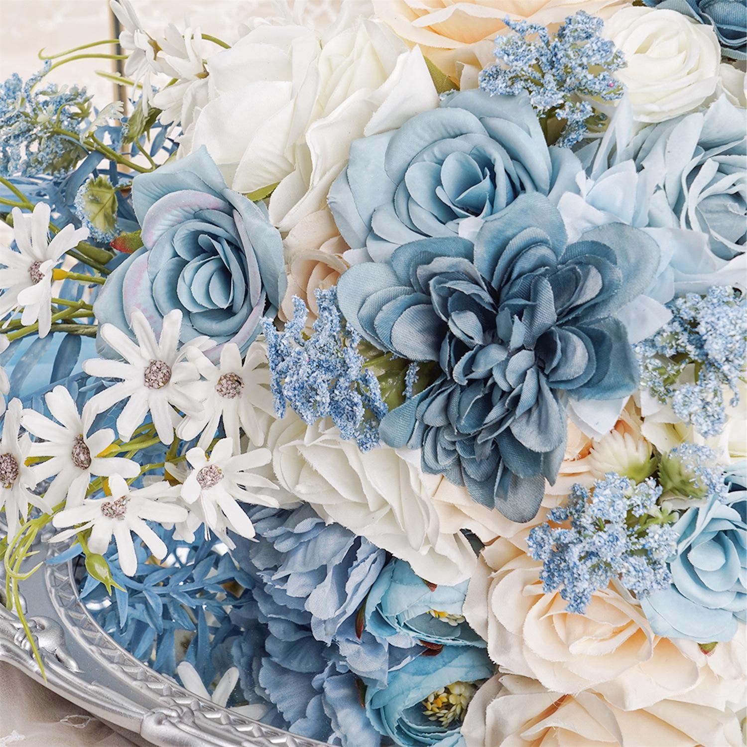 Boho Rustic Artificial Wedding Toss Bouquet | Blue Faux Flower for Ceremony Anniversary Bridal Keepsake & All Seasons