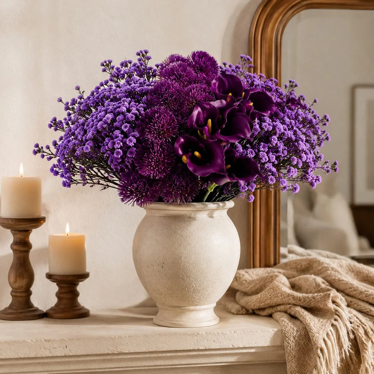 Artificial purple baby's breath allium calla lily set of 34 stems arranged in white ceramic urn vase on home mantel with candles – IPOPU
