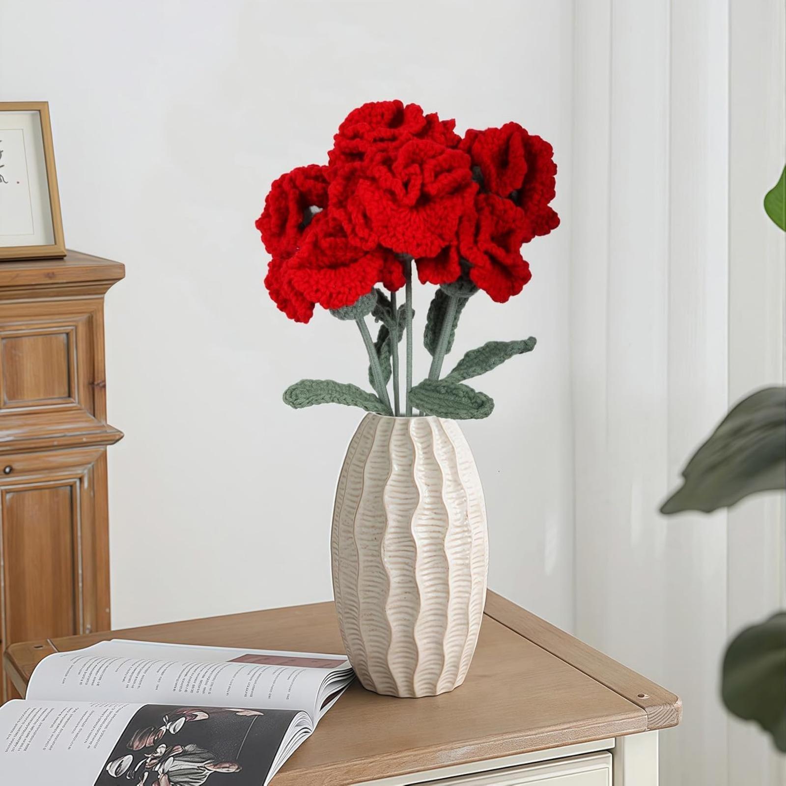 Handmade Crochet Carnation Flowers 6pcs 16.9 inch Bendable Stem | Vase Table Home Decor & Gift in Red Pink White Blue Peach Pink