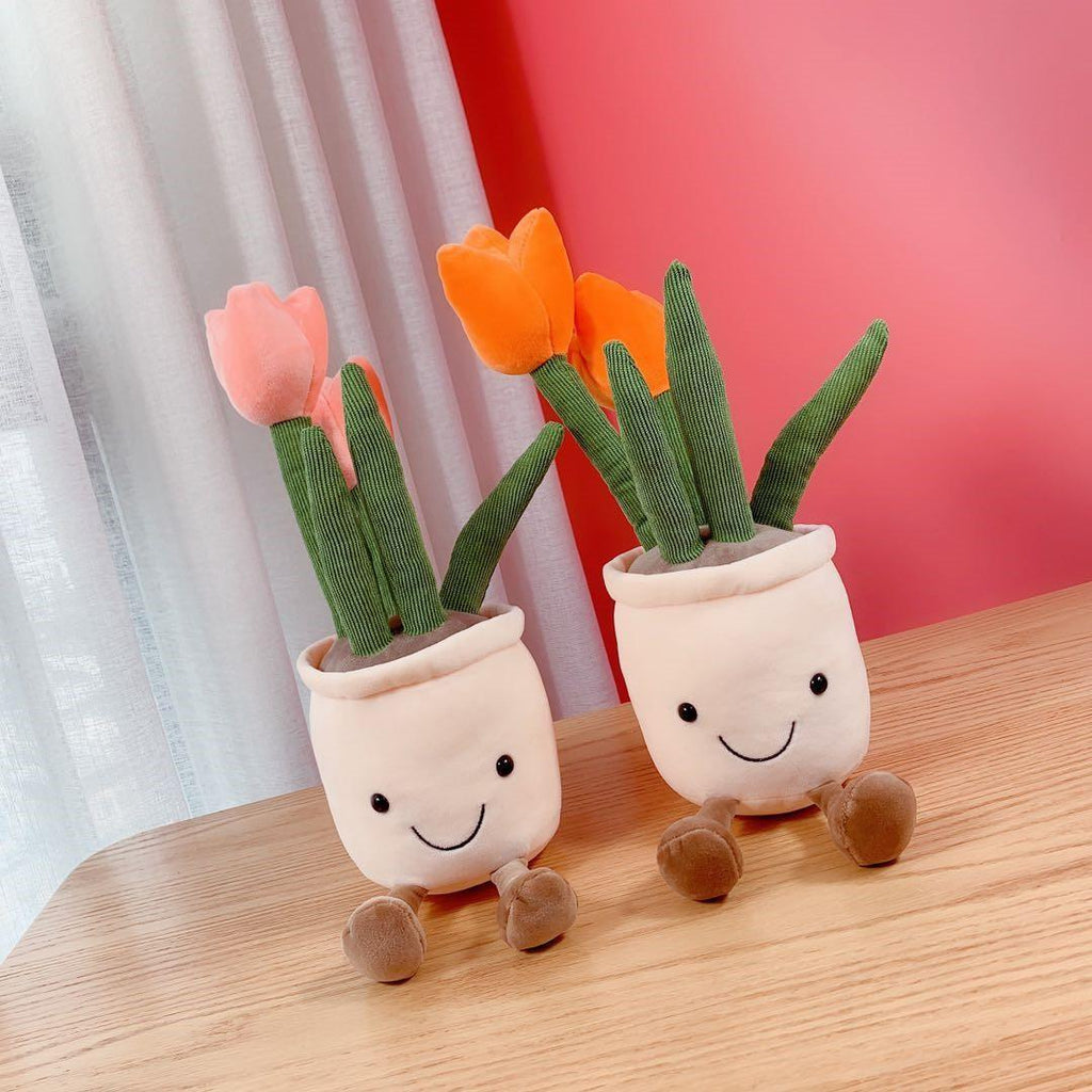 Tulip Flower Pot Stuffed Throw Plushie Pillow Doll, Soft Fluffy Plant Friend Hugging Cushion - Present for Every Age & Occasion