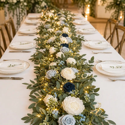 Artificial dusty blue navy white rose peony anemone eucalyptus garland with warm LED lights wrapped on gold round wedding arch closeup – IPOPU