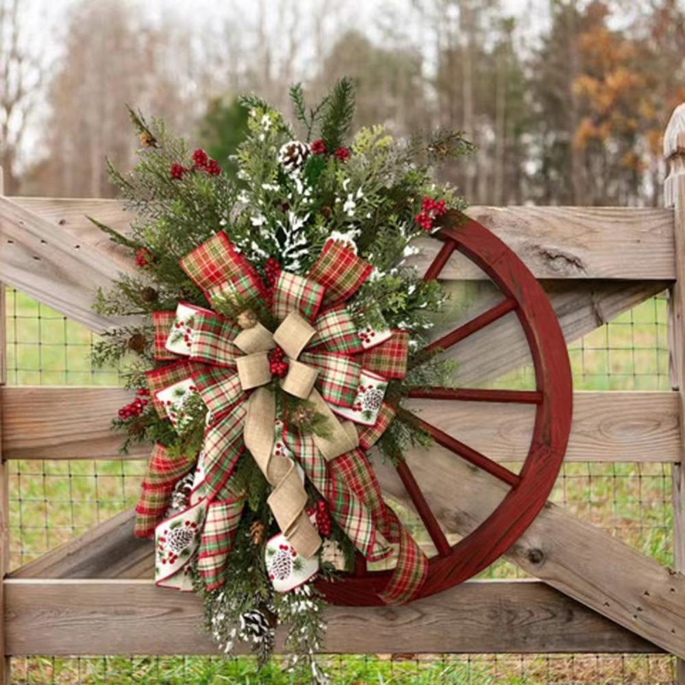 Farmhouse Wagon Wheel Christmas Wreath | Rustic Front Door Holiday Decor with Ribbon Bow & Berry Accents