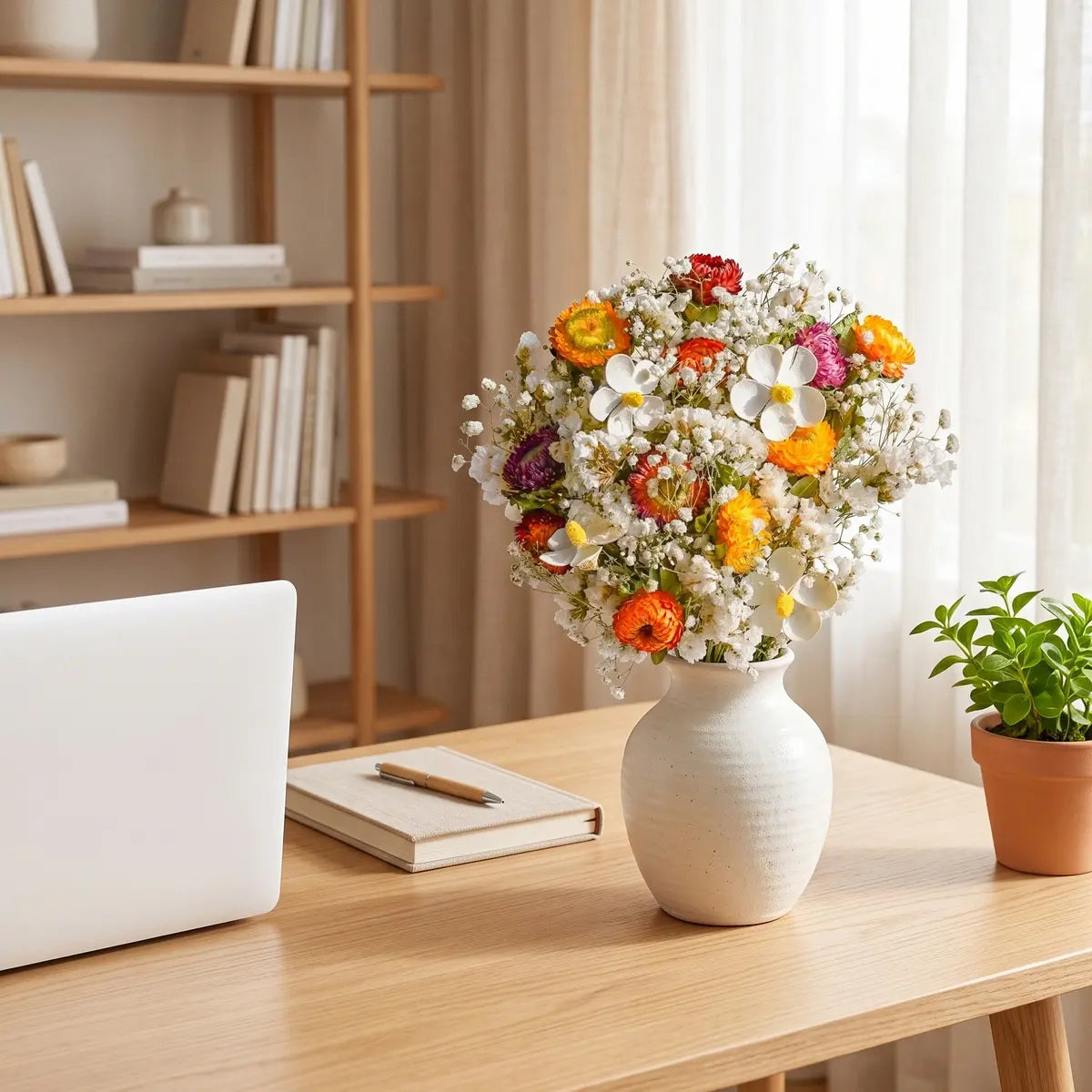 Dried flower bouquet with strawflowers and baby's breath in white ceramic vase on wooden desk beside laptop, boho office decor
