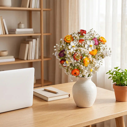 Dried flower bouquet with strawflowers and baby's breath in white ceramic vase on wooden desk beside laptop, boho office decor
