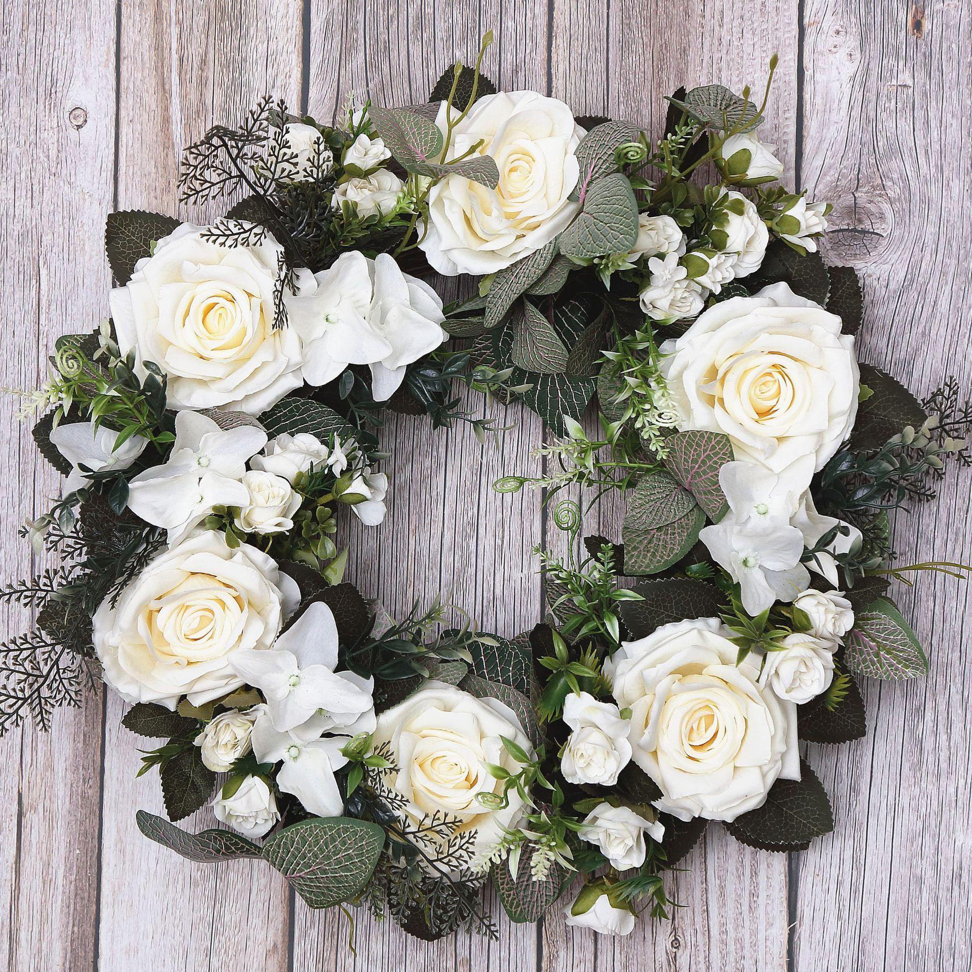 Artificial Rose Ring Wreath | Front Door Summer Floral Wedding Living Room Bedroom Farmhouse & Party Decor in White Pink Champagne