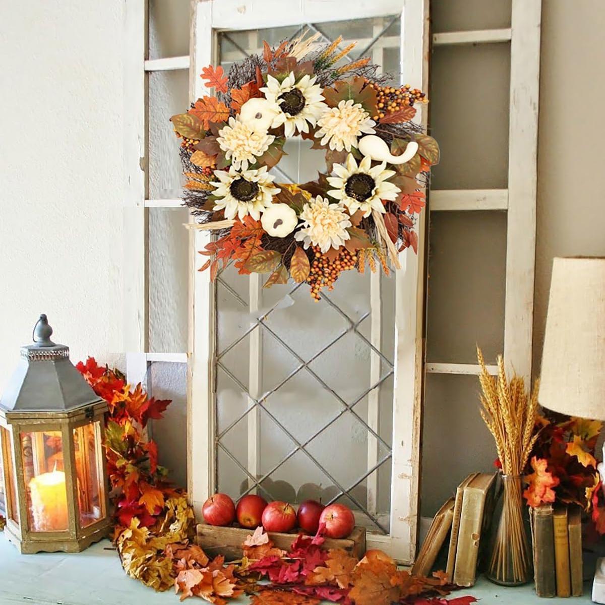 Fall Swag Wreath | Teardrop Maple Leaf Autumn Wreath for Front Door Thanksgiving Home Decor