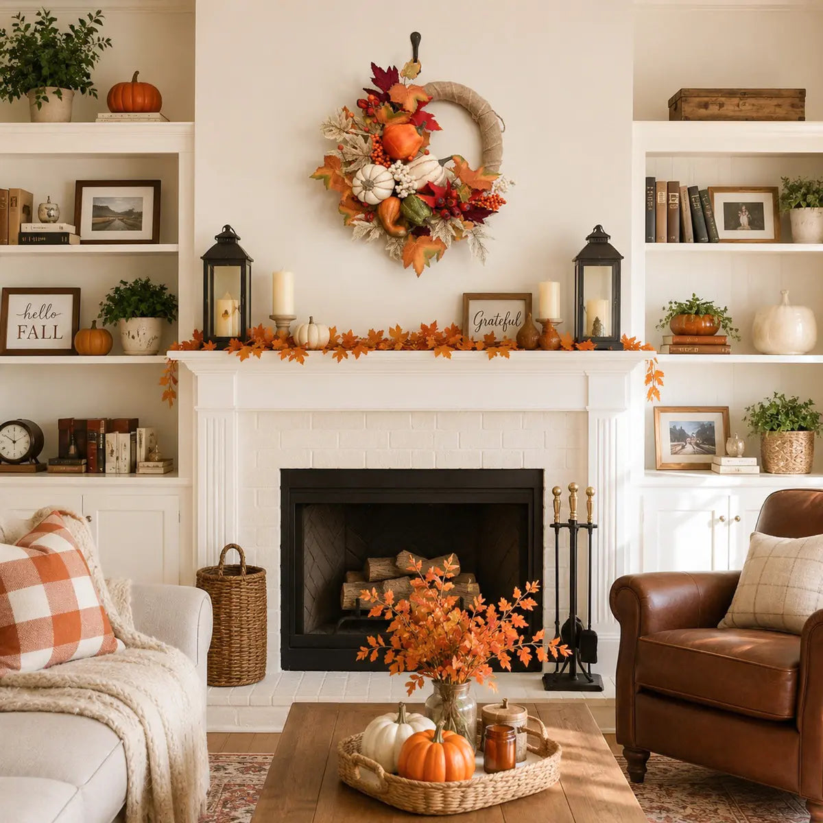 Fall harvest wreath with pumpkins and berries styled on a living room wall beside a lit fireplace with autumn home decor