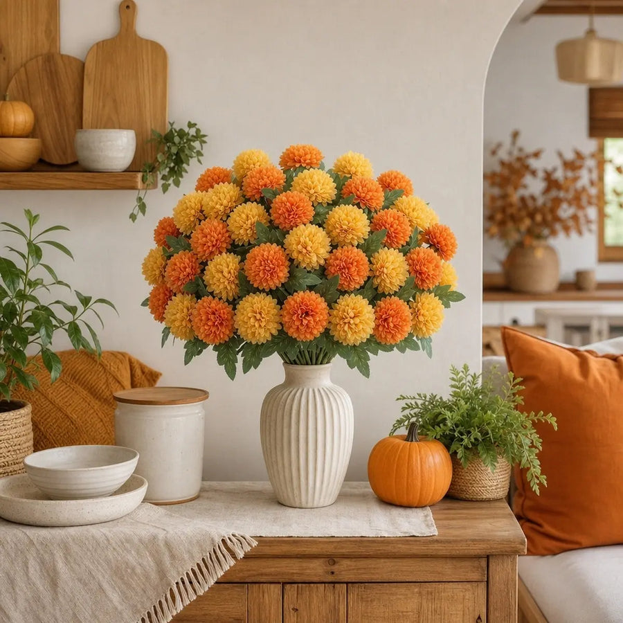 Artificial Orange & Yellow Mum Ball Flower Stems – 12-Piece Bouquet