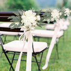 Artificial Rose Chair Decor 4pcs with Eucalyptus & Ribbons | Wedding Ceremony Aisle & Engagement Party Decoration in White Blue Pink Light Pink
