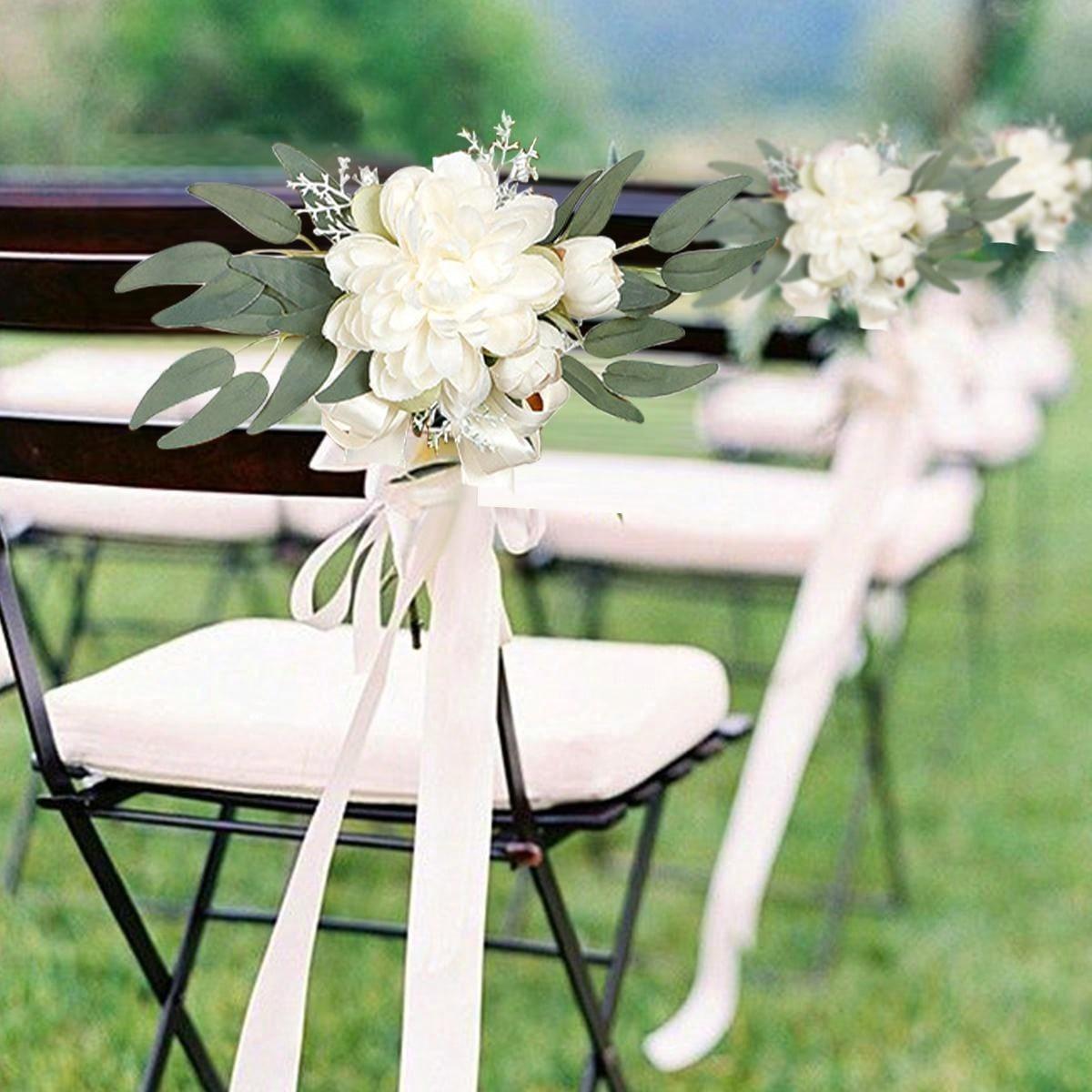 Artificial Rose Chair Decor 4pcs with Eucalyptus & Ribbons | Wedding Ceremony Aisle & Engagement Party Decoration in White Blue Pink Light Pink