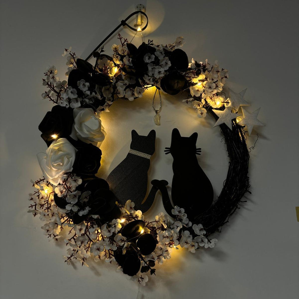 Halloween Black Cat Moon Wreath with Rose Flowers | Front Door Wall Window & Party Decor in White Orange Purple