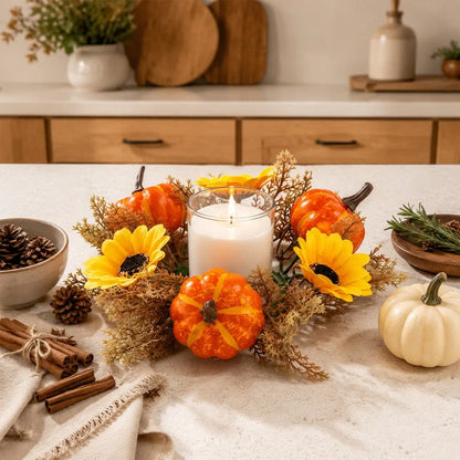4 Pack Artificial Fall Candle Ring Wreath, 9.84 Inch Mini Autumn Candle Holder Wreath with Orange Pumpkins, Sunflowers and Foliage, Small Table Centerpiece Ring for Farmhouse Kitchen, Thanksgiving Harvest and Farmhouse Indoor Tabletop Decor