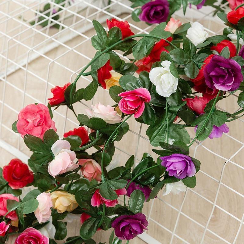Artificial Rose Vine Hanging Garland with Green Leaves 5pcs | Wedding Birthday Christmas Wall Arch Party & Home Decor in 8 Colors