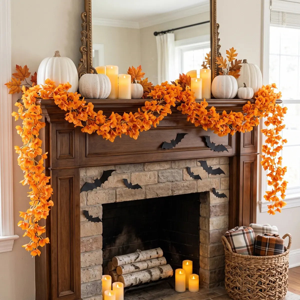 Orange faux bougainvillea trailing vine garland on dark wood fireplace mantel with white pumpkins, candles and bat cutouts, fall Halloween decor