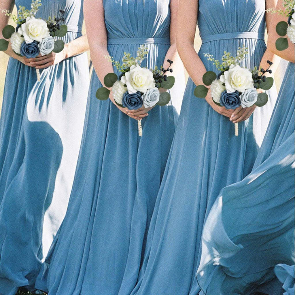 Dusty Blue Wedding Bouquet Artificial White Rose & Eucalyptus | Bride Bridesmaid & Toss Bouquet for Wedding Bridal Decor in Blue White