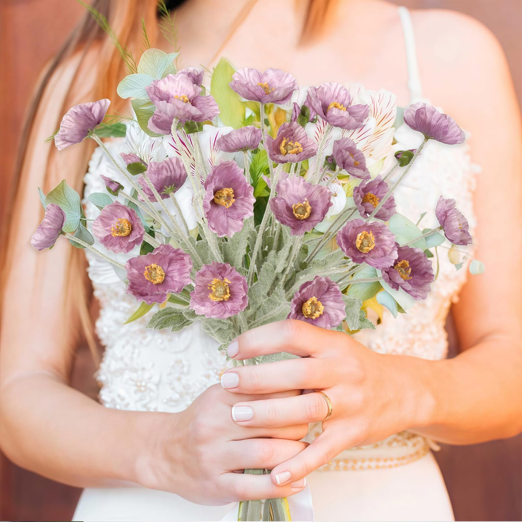 Silk Artificial Poppy Flowers 8pcs with Stem | Wedding Party Table Centerpiece & Home Decor in 10 Colors