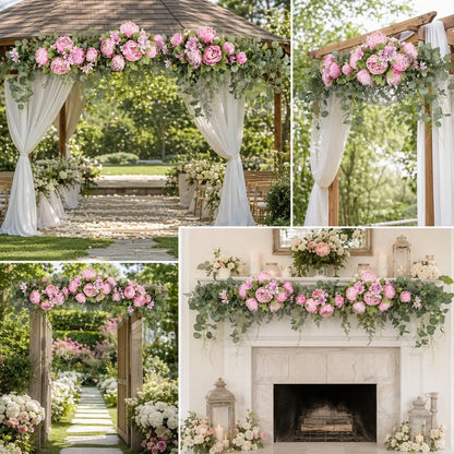 Artificial pink peony eucalyptus swag styled on gazebo arch wedding aisle mantel and doorway in four scene collage – IPOPU
